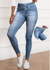 Skinny-Hose mit elastischem Bund und Denim-Effekt-Print in Blau