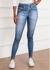 Denim Blue bottoms,Denim-Effect Print bottoms,Denim-effect Print Denim Blue Skinny Elastic Waist Pants