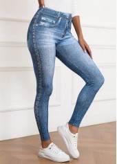 Denim Blue bottoms,Denim-Effect Print bottoms,Denim-effect Print Denim Blue Skinny Elastic Waist Pants