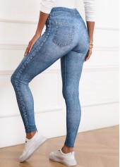 Denim Blue bottoms,Denim-Effect Print bottoms,Denim-effect Print Denim Blue Skinny Elastic Waist Pants