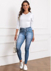 Denim Blue bottoms,Denim-Effect Print bottoms,Denim-effect Print Denim Blue Skinny Elastic Waist Pants