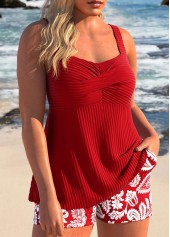 Red swimwear,Plants swimwear,Floral swimwear,ROTITA Surplice Red Random Floral Print Tankini Set