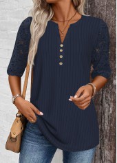 ROTITA Lace Navy Split Neck Half Sleeve T Shirt