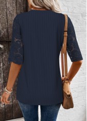 Navy tops,Plain Color tops,ROTITA Lace Navy Split Neck Half Sleeve T Shirt