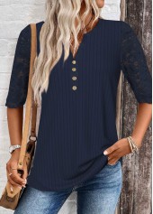 Navy tops,Plain Color tops,ROTITA Lace Navy Split Neck Half Sleeve T Shirt