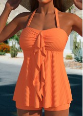 Orange swimwear,Plain Color swimwear,ROTITA Ruffle Ruched Jacquard Orange Tankini Set