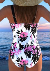 Pink swimwear,Black swimwear,Floral swimwear,Plants swimwear,ROTITA Drawstring Pink Floral Print One Piece Swimwear