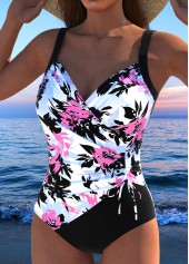 Pink swimwear,Black swimwear,Floral swimwear,Plants swimwear,ROTITA Drawstring Pink Floral Print One Piece Swimwear