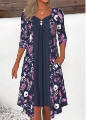 Rotita Fake 2-in-1-Kleid in A-Linie mit Blumenmuster in Marine