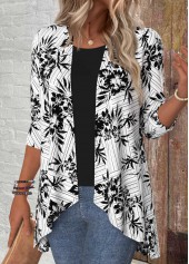 Black tops,Floral tops,Plants tops,Geometric tops,ROTITA Floral Print Black 3/4 Sleeve Light Cardigan