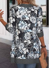 Black tops,Plants tops,Geometric tops,ROTITA Patchwork Random Floral Print Black Long Sleeve Light Cardigan