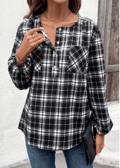 Black tops,Plaid tops,Striped tops,Geometric tops,ROTITA Button Plaid Black Round Neck Long Sleeve Blouse