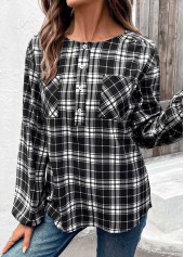Black tops,Plaid tops,Striped tops,Geometric tops,ROTITA Button Plaid Black Round Neck Long Sleeve Blouse