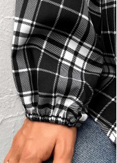 Black tops,Plaid tops,Striped tops,Geometric tops,ROTITA Button Plaid Black Round Neck Long Sleeve Blouse