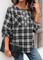 Black tops,Plaid tops,Striped tops,Geometric tops,ROTITA Button Plaid Black Round Neck Long Sleeve Blouse
