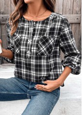 Black tops,Plaid tops,Striped tops,Geometric tops,ROTITA Button Plaid Black Round Neck Long Sleeve Blouse