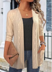 Light Camel tops,Plain Color tops,ROTITA Lace Pocket 3/4 Sleeve Light Cardigan