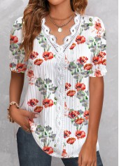 White tops,Floral tops,Plants tops,ROTITA Patchwork Floral Print White V Neck T Shirt