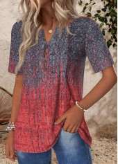 Deep Red tops,Ombre tops,ROTITA Tuck Stitch Ombre Deep Red Split Neck T Shirt