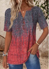 T-Shirt mit Schlitzkragen und Rotita-Stichmuster in Ombre-Optik in Dunkelrot