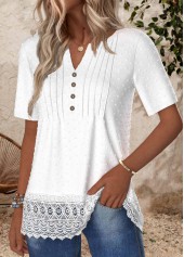 White tops,Plain Color tops,ROTITA Embroidery White Split Neck Short Sleeve T Shirt