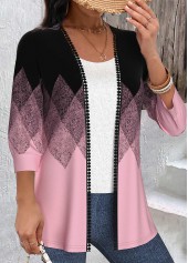 Black tops,Pink tops,Geometric tops,Ombre tops,ROTITA Embroidery Geometric Print Black Light Cardigan