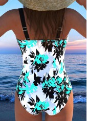 Cyan swimwear,Black swimwear,Floral swimwear,Plants swimwear,ROTITA Drawstring Cyan Floral Print One Piece Swimwear
