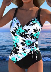 Cyan swimwear,Black swimwear,Floral swimwear,Plants swimwear,ROTITA Drawstring Cyan Floral Print One Piece Swimwear