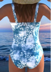 Dusty Blue swimwear,Floral swimwear,Plants swimwear,ROTITA Bowknot Dusty Blue Floral Print One Piece Swimwear