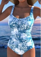 Dusty Blue swimwear,Floral swimwear,Plants swimwear,ROTITA Bowknot Dusty Blue Floral Print One Piece Swimwear