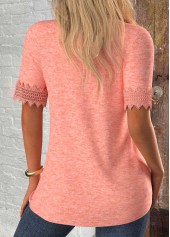 Pink tops,Plain Color tops,ROTITA Patchwork Pink V Neck Short Sleeve T Shirt