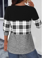 Black tops,Grey tops,Plaid tops,Striped tops,Geometric tops,ROTITA Patchwork Plaid Black Round Neck 3/4 Sleeve Light Cardigan