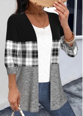 Black tops,Grey tops,Plaid tops,Striped tops,Geometric tops,ROTITA Patchwork Plaid Black Round Neck 3/4 Sleeve Light Cardigan