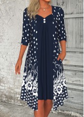 ROTITA Button Floral Print Navy A Line Heart Collar Dress