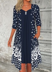 Navy dresses,Floral dresses,Plants dresses,Everyday dresses,Casual dresses,ROTITA Button Floral Print Navy A Line Heart Collar Dress