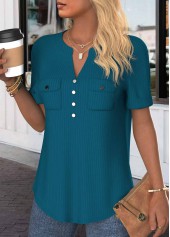 Peacock Blue tops,Plain Color tops,ROTITA Button Peacock Blue Split Neck Short Sleeve Blouse