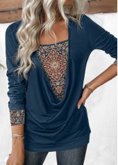 Navy tops,Tribal tops,ROTITA Patchwork Tribal Print Navy Fake Two Piece Twinset