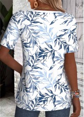 White tops,Blue tops,Plants tops,ROTITA Leaf Print White T Shirt