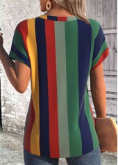 Multi Color tops,Rainbow Color tops,Striped tops,Geometric tops,ROTITA Cross Hem Multi Stripe Print Scoop Neck T Shirt