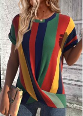 Multi Color tops,Rainbow Color tops,Striped tops,Geometric tops,ROTITA Cross Hem Multi Stripe Print Scoop Neck T Shirt