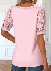 Pink tops,Plain Color tops,ROTITA Lace Pink Square Neck Half Sleeve Blouse