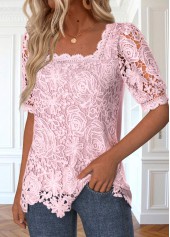 Pink tops,Plain Color tops,ROTITA Lace Pink Square Neck Half Sleeve Blouse