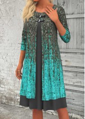 Cyan dresses,Grey dresses,Ombre dresses,Everyday dresses,Casual dresses,ROTITA Patchwork Ombre Cyan A Line Round Neck Dress