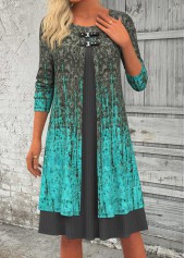 Rotita Patchwork Ombre Cyan A-Linien-Kleid mit Rundhalsausschnitt