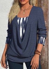 Navy tops,Geometric tops,ROTITA Fake 2in1 Geometric Print Navy Draped Neck T Shirt