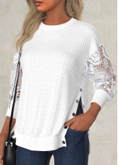 White tops,Plain Color tops,ROTITA Embroidery White Round Neck Long Sleeve Sweatshirt
