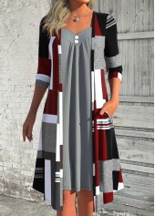 Deep Red dresses,Grey dresses,Geometric dresses,Everyday dresses,Casual dresses,ROTITA Patchwork Geometric Print Deep Red A Line Dress