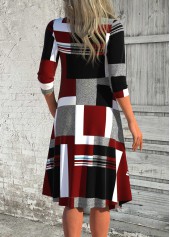 Deep Red dresses,Grey dresses,Geometric dresses,Everyday dresses,Casual dresses,ROTITA Patchwork Geometric Print Deep Red A Line Dress