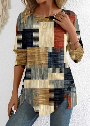 Brick Red tops,Multi Color tops,Geometric tops,Striped tops,ROTITA Button Geometric Print Brick Red Round Neck T Shirt