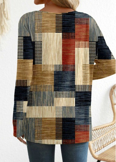 Brick Red tops,Multi Color tops,Geometric tops,Striped tops,ROTITA Button Geometric Print Brick Red Round Neck T Shirt